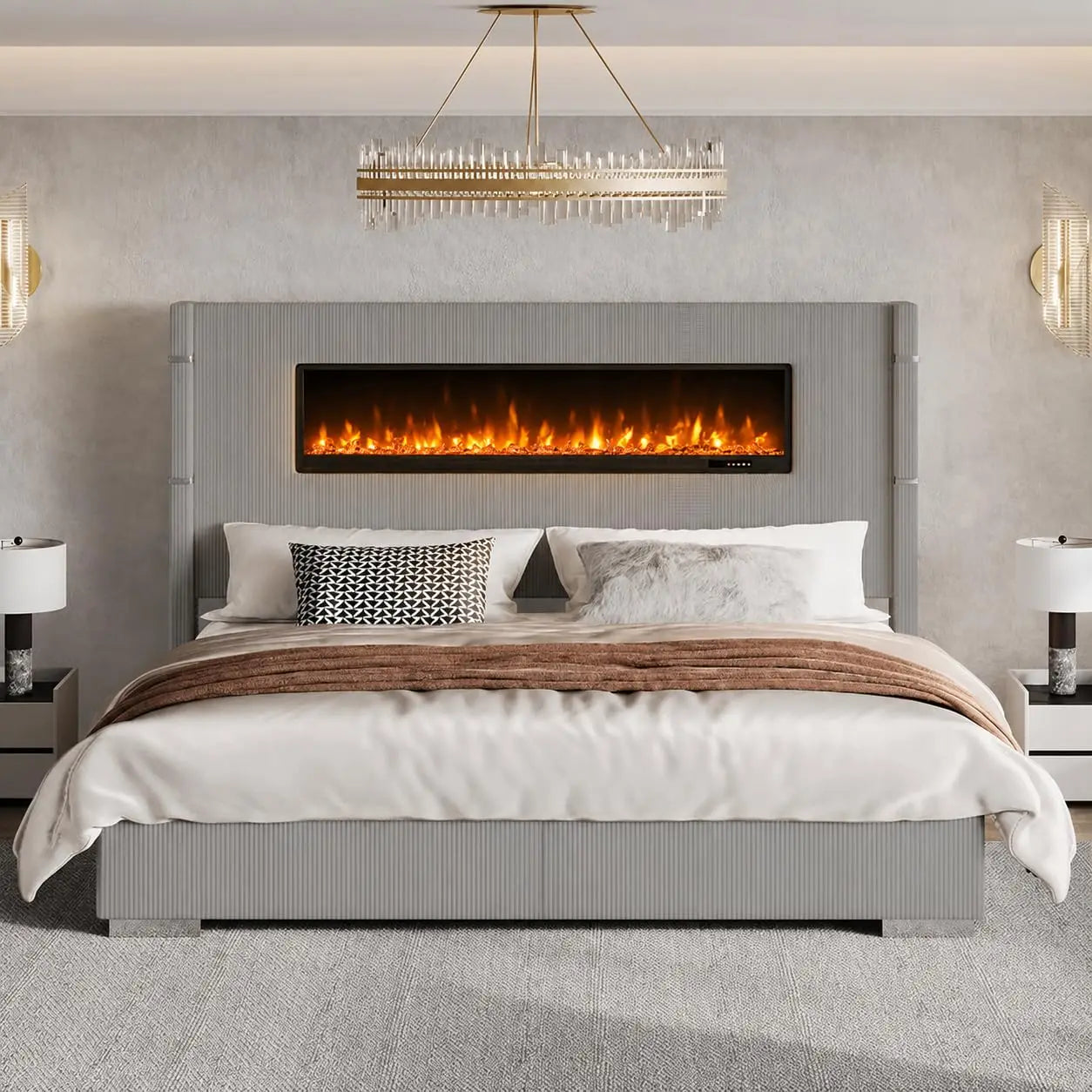 60.4“ King Size Upholstered Bed Frame with Fireplace, Grey | Modern Bed Frame with Extra Tall Headboard, Wingback, Customized