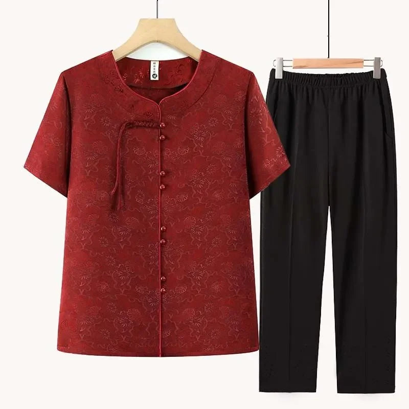 Women's New Chinese Style Short Sleeve Shirt Pants Set Summer Casual Two Piece Outfit for Elderly Mothers