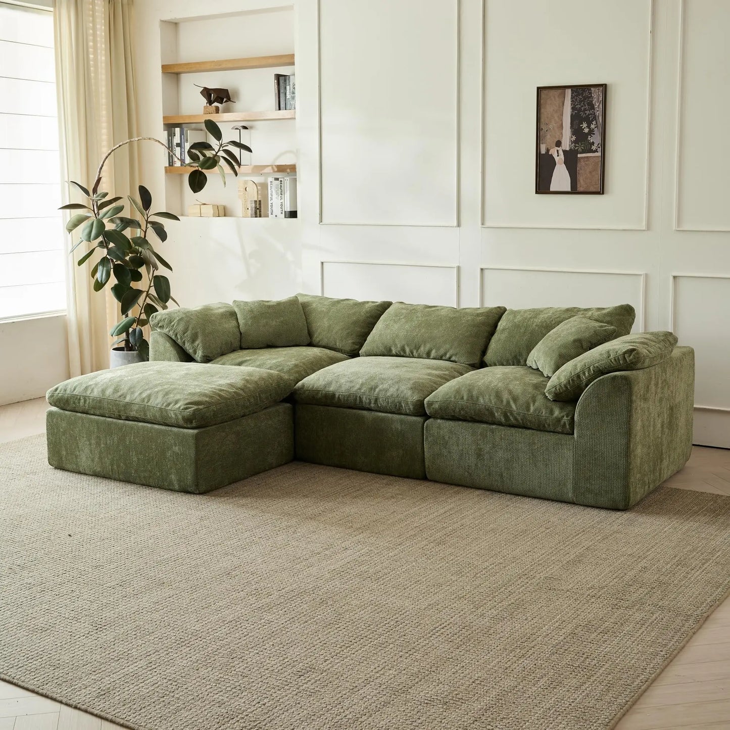 Modern Cloud L-Shaped 3-Seater Oversized Deep Seat Chenille Fabric Sofa Green Modular Sectional with Ottoman