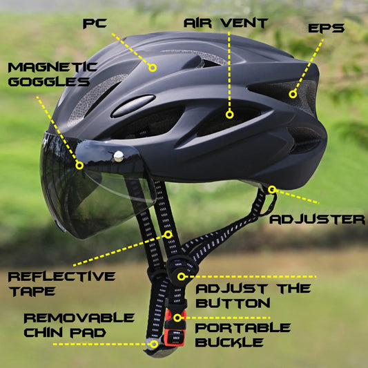 PJT Ultra-Light Magnetic Goggles Bicycle Helmet Lightweight PC Shell & EPS Foam Construction Cycling Helmet MTB Bike Helmet