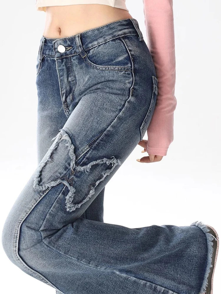 Y2K Streetwear Bootcut Jeans Women Vintage Butterfly Tassel Casual Denim Pants Female Harajuku Spring Summer High Waist Trouser