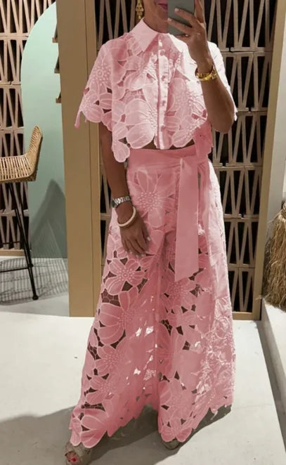 Women 2Pcs Lace Outfit Embroidery Retro Hollow Temperament Suit 2025 Elegant Button Short Sleeved Blouse Tops&Tie-up Pants Set