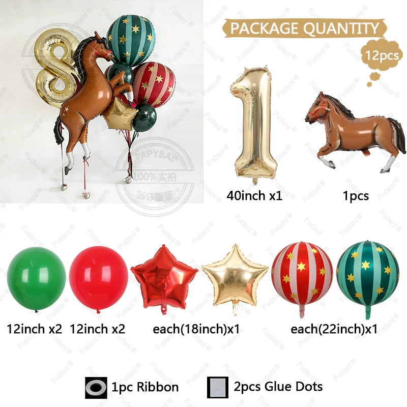 12pc Giant Race Horse Striped Star Balloons with 1-9 Cream Number Balloon for Cowboy Animal Theme Birthday Farm Party Decoration