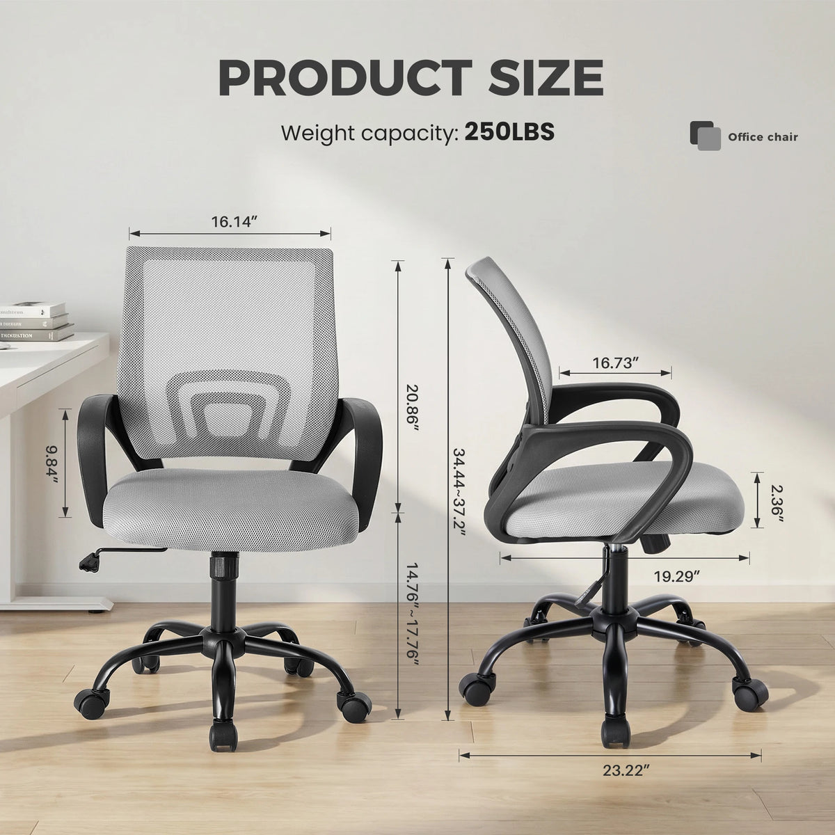 JHK Ergonomic Office Desk Gaming Chair Mid Back with Lumbar Support Rocking Mode Height Adjustable with Fixed Armrest For Office