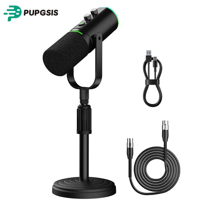 Pupgsis Dynamic Podcast Microphone for Studio, Cardioid XLR/USB Mic, AI Noise Cancellation, Mute Button, 3.5mm Headphone Jack for Monitoring, Volume Control, Microfono with Boom Arm