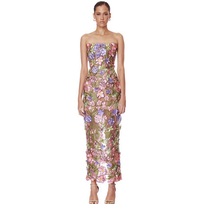 New Sexy Strapless Back Lace Up Dress for Women, Slim Fit and Simple Floral Embroidery Fabric Party Dress Long