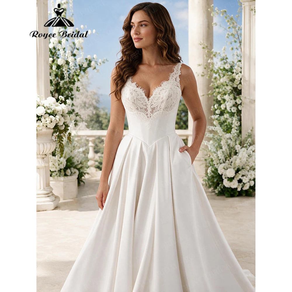 Roycebridal Elegant Sweetheart Lace A Line Wedding Dresses 2027 Flowers Lace Satin Beach Bridal Gown Customized vestido de novia