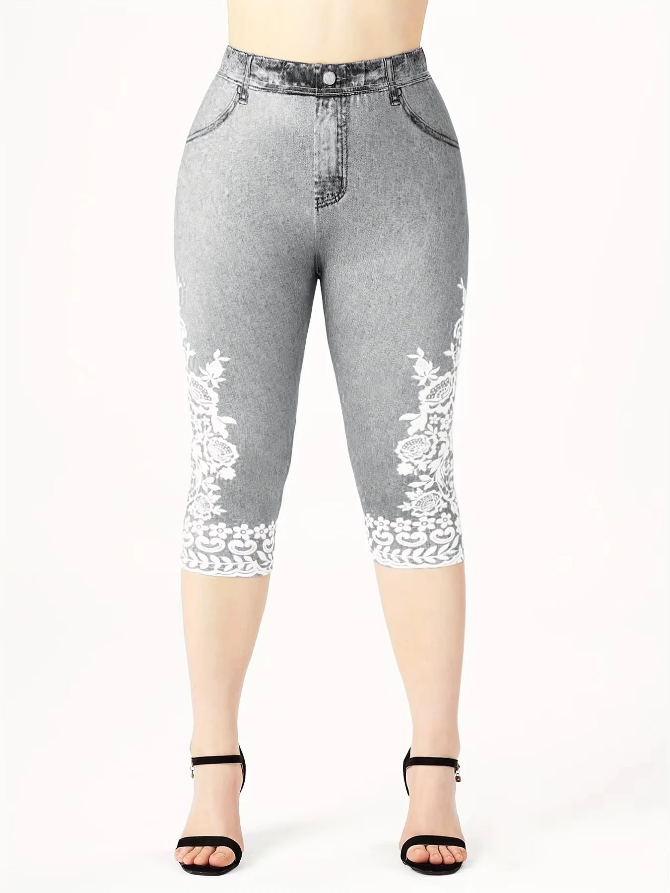 Plus Size Women's Imitation Denim Printed Tight Capri High Elasticity Knitted Fashion Casual Leggings