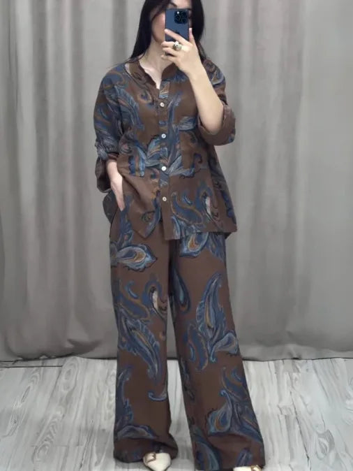 Fashion Printed Single Breasted Boho Shirt Elegant O-neck Single Breasted Shirt Wide Legs Trousers Office Commuter Two-piece Set