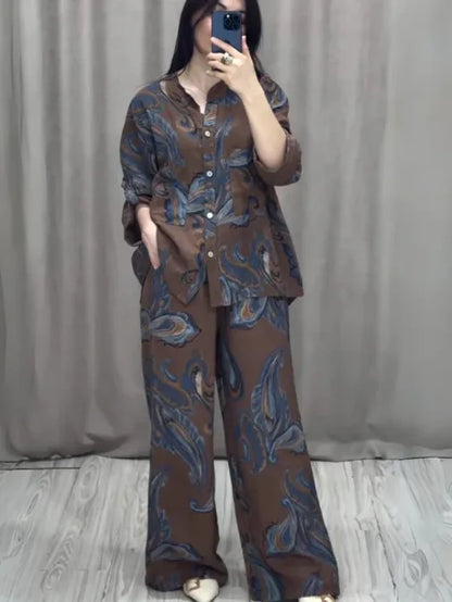 Fashion Printed Single Breasted Boho Shirt Elegant O-neck Single Breasted Shirt Wide Legs Trousers Office Commuter Two-piece Set