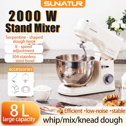 SUNATUR 8L Stand Mixer Machine 2000W Electric Kitchen Blender Household Auto Dough Kneading Egg Beating Cream All-in-One Mixer