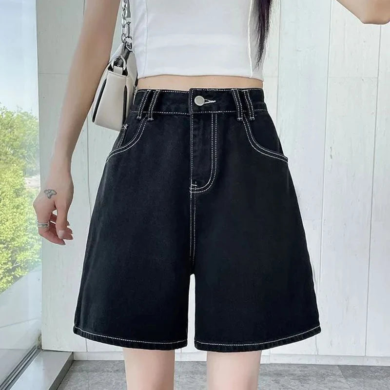 Summer Lady High Waist Casual Short Jeans Girls Classic Fashion Thin Straight Leg Pants Women Korean Solid Denim Shorts
