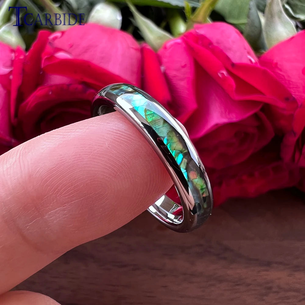 4mm Women Ring Tungsten Wedding Band Abalone Shell Inlay Domed Polished Trendy Jewelry