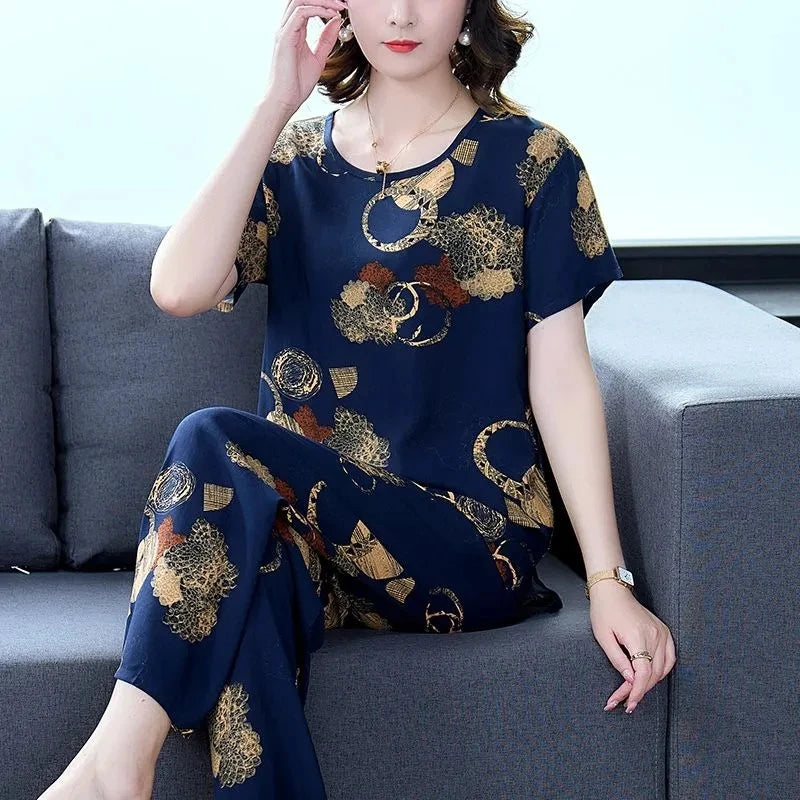 Women Summer Sets NEW Middle Aged Elderly Mother Cotton Silk Suit Casual Print Short Sleeve Top + Pants 2 Piece Set Femme Outfit