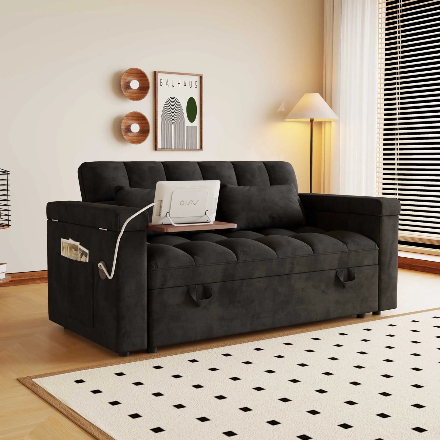65" 3-in-1 Foldable Velvet Sofa Bed with USB Charging Port, Table Board and Storage Armrests, Adjustable Backrest Sleeper Couch for Living Room Apartment Guest Room, Black