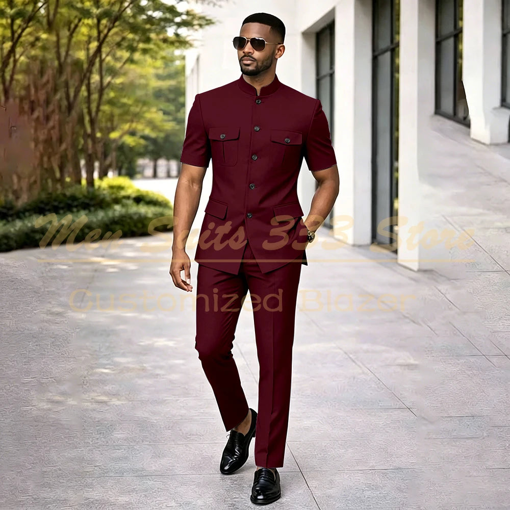 Summer Safari Men's Suits Fashion Regular Fit Short Sleeve Blazer Elegant Luxury Single Breasted 2 Piece Jacket Pants Outfits