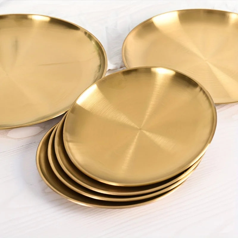 2pcs, Golden Pizza Plates, Stainless Steel Dinner Plate, Round Golden Tray, Food Serving Plate, for Home Kitchen,Party Use