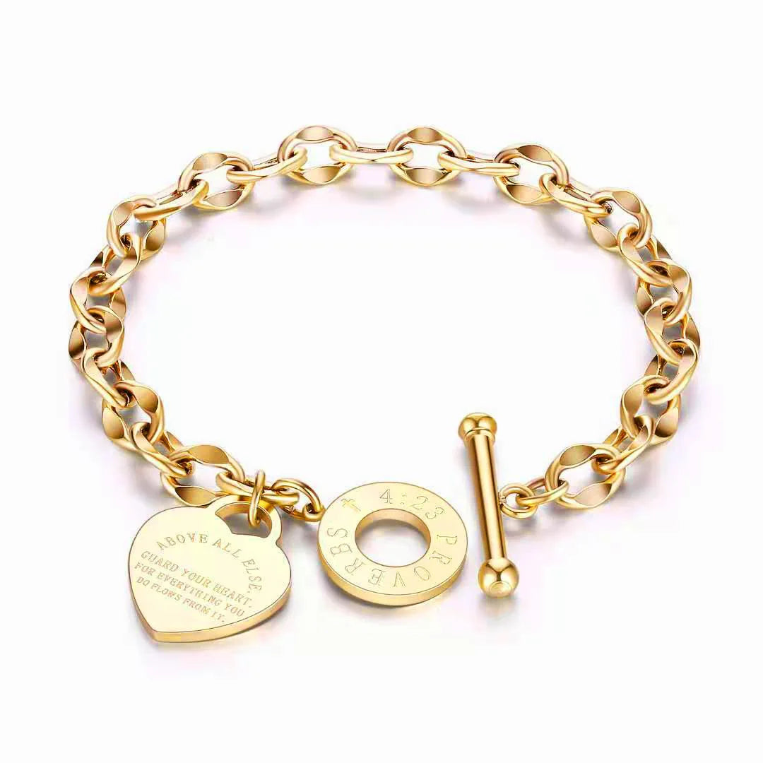 1pc Stainless Steel Bracelet With Heart Pendant, Double Heart OT Buckle Couple Bracelet Unisex