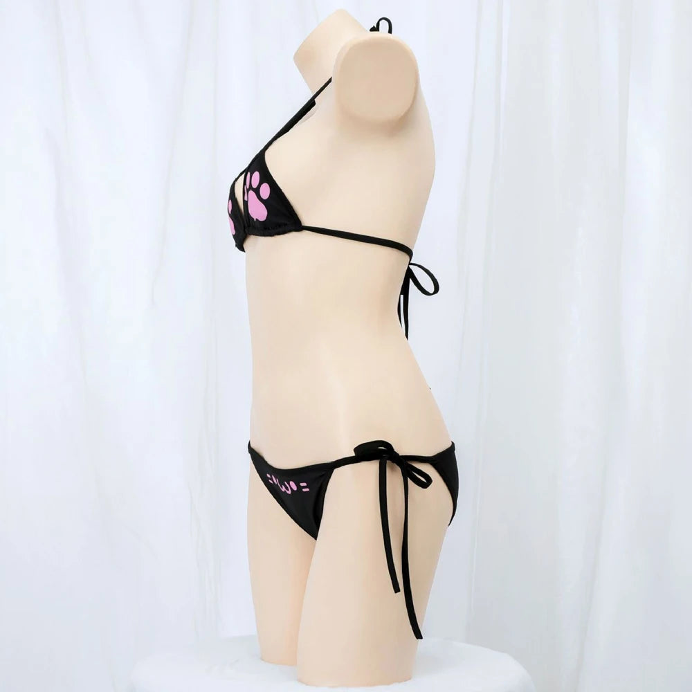 Anime Kawaii Girl Cute Cat Paw Bikini Swimsuit Women Claw Pattern Three Point  Underwear Set Costume Cosplay