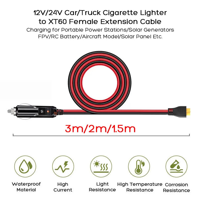 3m 2m 1.5m Car Cigarette Lighter to XT60 Cable for ALLPOWERS R600 R1500 Oukitel P1000E/P1500/P2001E PLUS Etc. Solar Generators.