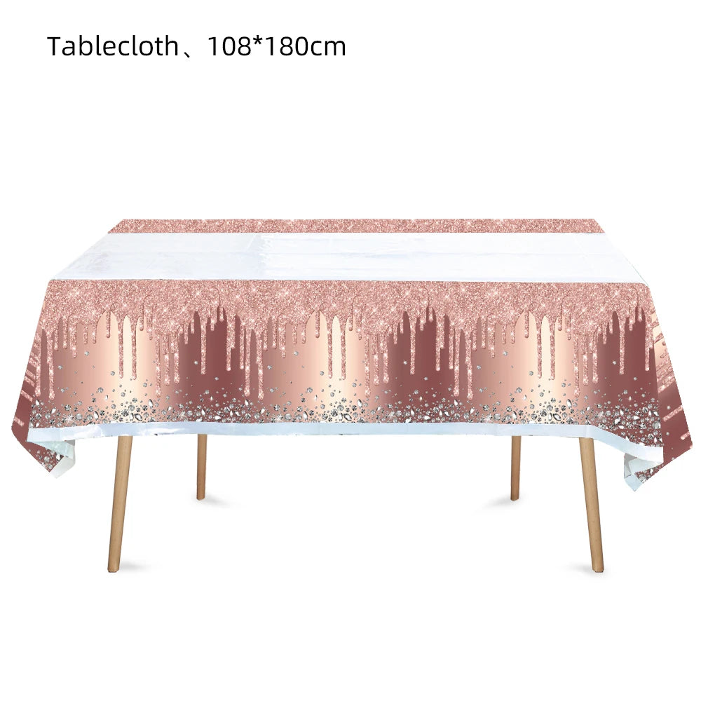 Rose Gold Party Supplies Disposable Tableware Set Diamond Glitter Paper Plate Cup Wedding Birthday Party Decoration Kid Balloons
