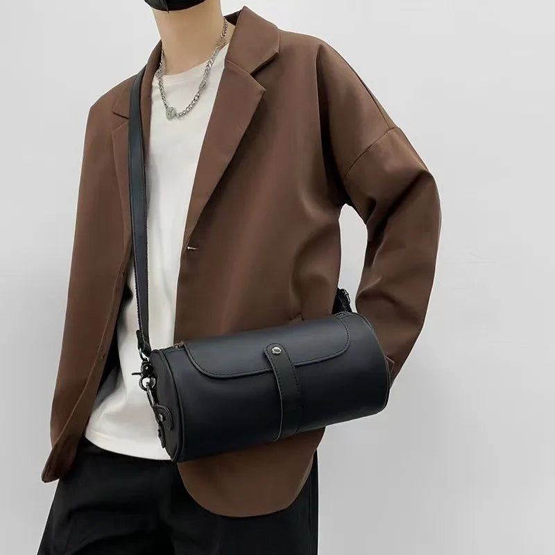 Retro Fashion Men's Crossbody Bags PU Leather Barrel-Shaped Shoulder Bag Men Crossbody Bag Flap Bucket Sling Mobile Phone Bag