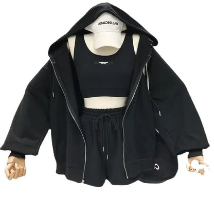 Women's Fashionable Casual Sports Windsuit Spring Autumn Collection Age-Reducing Gym Running Sweatshirt Shorts Three-Piece Set