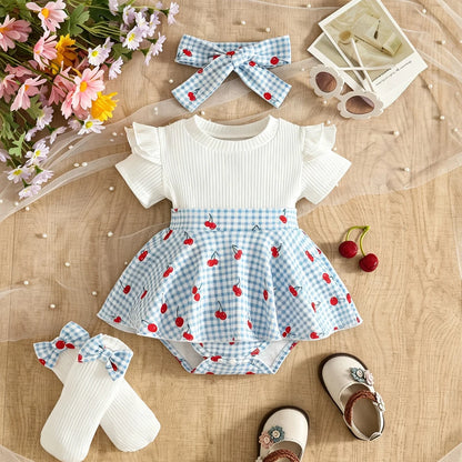 Baby Girl Bodysuit Dresses Short Sleeve Heart Shape Bow Romper Infants Onesies With Socks Headband 3pcs Sets For Newborn Girls