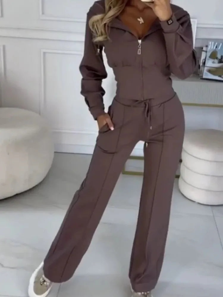 Autumn Casual Solid Sportswear Women Set Fashion Zipper Hooded Sweatshirts Coat & Lace-up Pants Tracksuit New Winter Suit