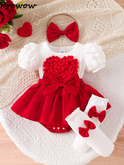 Baby Girl Bodysuit Dresses Short Sleeve Heart Shape Bow Romper Infants Onesies With Socks Headband 3pcs Sets For Newborn Girls