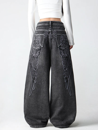 1 Pc American Retro Creative Wing Embroidered Women's High-Waisted Jeans, Fashionable And Versatile Slimming Wide-Leg Trousers