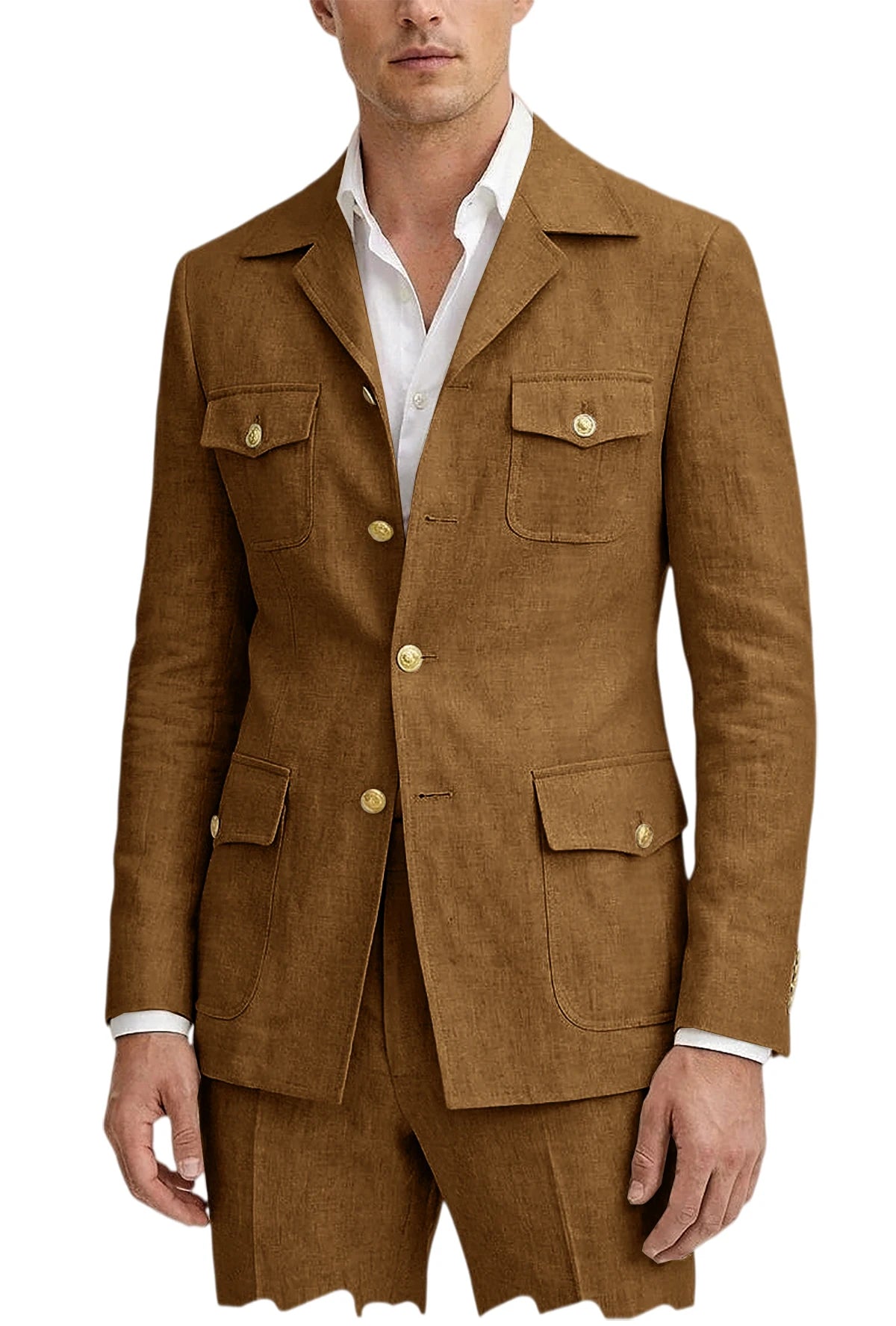 Men's Linen Suit 2 Piece Blazer Pants Set Multi-Pocket Safari Style Slim Fit Formal Business Casual Jacket Trousers for Summer