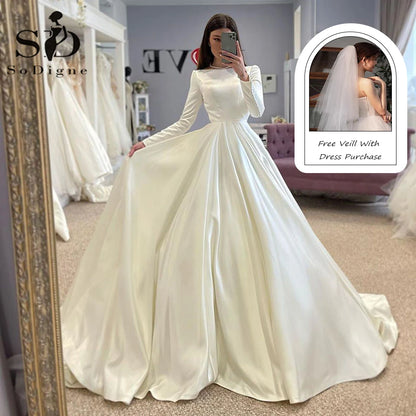 SoDigne Conservative Wedding dress Satin Wedding Dresses Full Sleeve Muslim Bridal Gown Modest Long Wedding Gown Customized