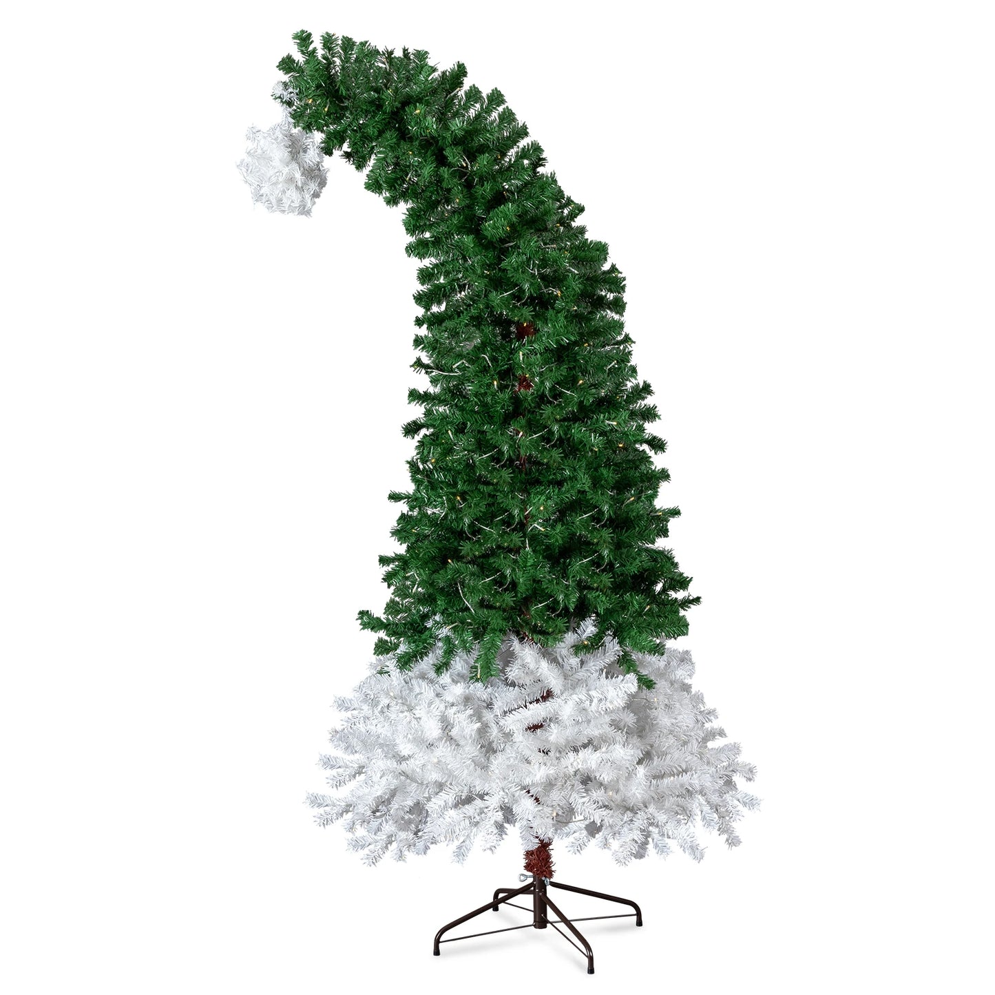 6FT Pre‑lit Bent Top Christmas Tree, Santa Hat Style Artificial Hinged Xmas Tree with 250 Warm White LED Lights, 839 Branch Tips for Home Holiday Party Decor