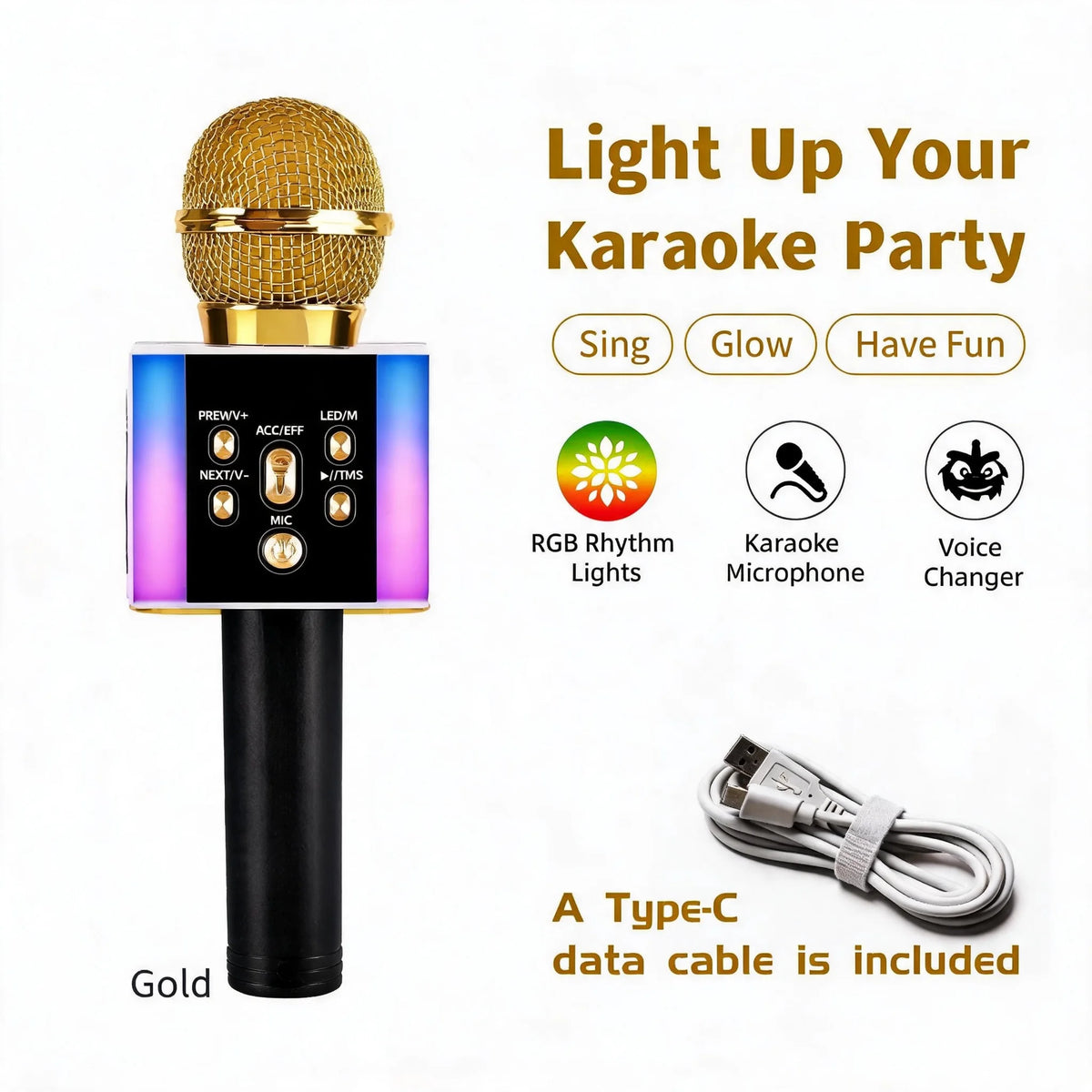 6-In-1 Wireless Karaoke Mic - Big Bass Wireless Speaker, LED Lights, Voice Changer, Pairable - Portable Singing Mic for Family, Birthday, Parties, Car Trips, Halloween, Thanksgiving And Christmas Gifts