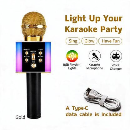 6-In-1 Wireless Karaoke Mic - Big Bass Wireless Speaker, LED Lights, Voice Changer, Pairable - Portable Singing Mic for Family, Birthday, Parties, Car Trips, Halloween, Thanksgiving And Christmas Gifts