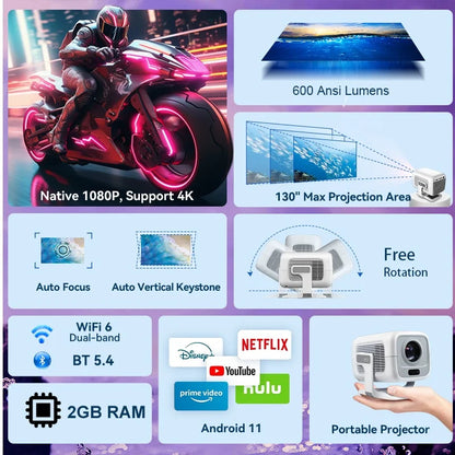 DITONG X3Plus HD Projector Native 1080P Support 4K WIFI6 BT5.4 Android Mini Portable Projector LED Home Theater Video Projector
