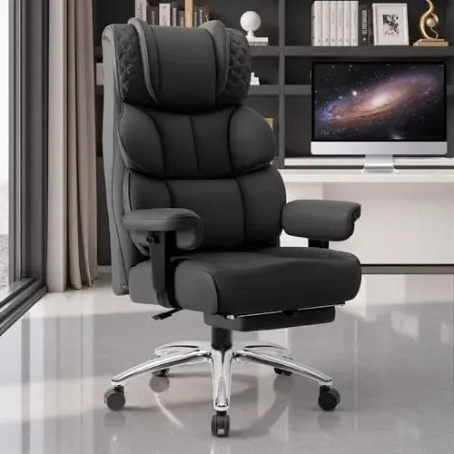 Office Desk Chair, Big and Tall Leather Gaming Chair with Footrest, Ergonomic Comfy Executive High-Back Reclining Computer