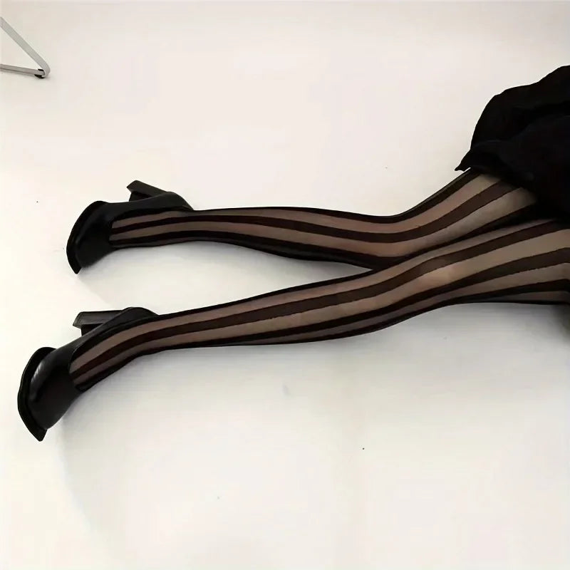 Women's Vintage Sexy Sheer Wide Vertical Stripe Pantyhose Tights Retro Classic Hosiery