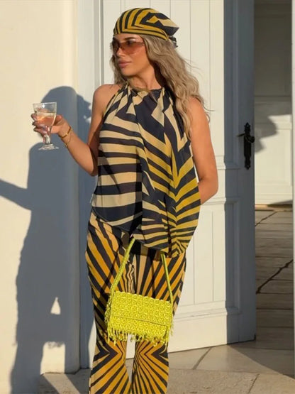 Striped Printed Women's Vest Trousers Suit Sleeveless Backless Halter Top Long Pants Lady Set 2026 Summer Autumn Female Sets New