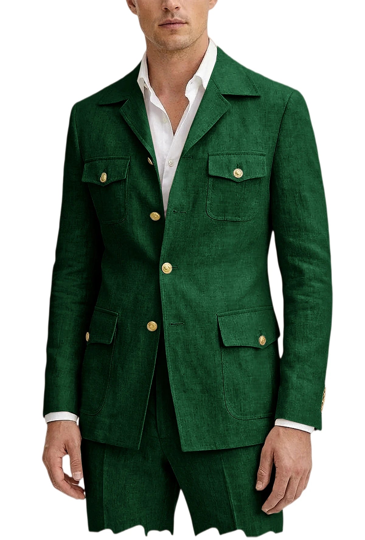 Men's Linen Suit 2 Piece Blazer Pants Set Multi-Pocket Safari Style Slim Fit Formal Business Casual Jacket Trousers for Summer