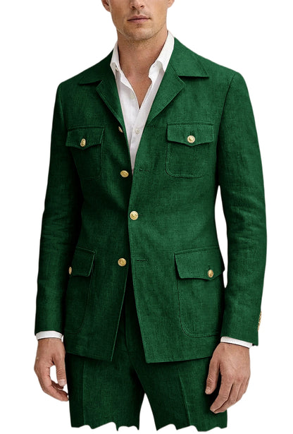 Men's Linen Suit 2 Piece Blazer Pants Set Multi-Pocket Safari Style Slim Fit Formal Business Casual Jacket Trousers for Summer