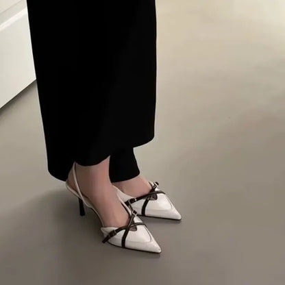 Sexy wine-red high-heeled shoes. Summer fashion pointed-toe elegant cross-strap stiletto sandals. Big size women's shoes