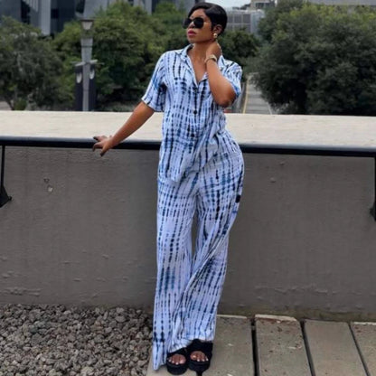 New African Fashion Women Two Piece Set Tie Dye Printed Short Sleeve Loose Shirt And Wide Leg Pants Set