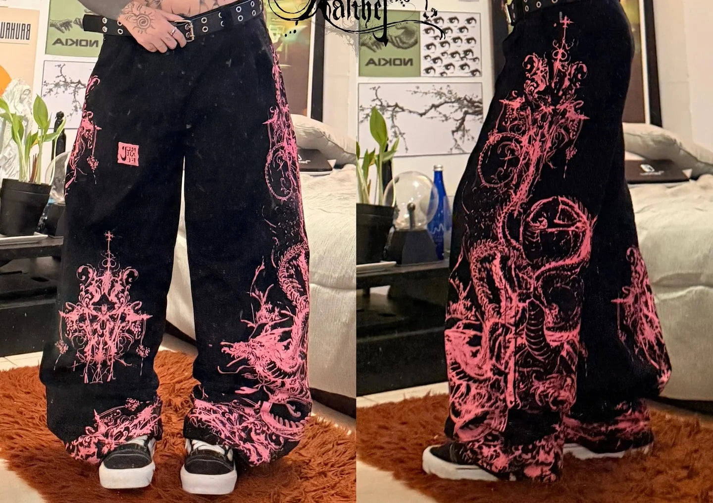 Y2K Gothic Punk Baggy Pants Women Red White Tribal Flame Print Wide Leg Trousers Vintage Grunge Streetwear Alt Clothing