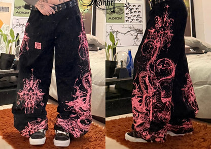 Y2K Gothic Punk Baggy Pants Women Red White Tribal Flame Print Wide Leg Trousers Vintage Grunge Streetwear Alt Clothing