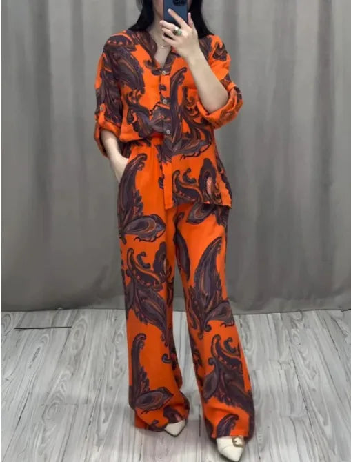 Fashion Printed Single Breasted Boho Shirt Elegant O-neck Single Breasted Shirt Wide Legs Trousers Office Commuter Two-piece Set