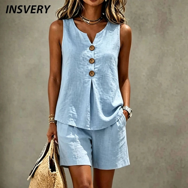 Summer Button Vest Drawstring Pocket Shorts Suit Women Casual Two Piece Set Solid Color Beach Holiday Outfits