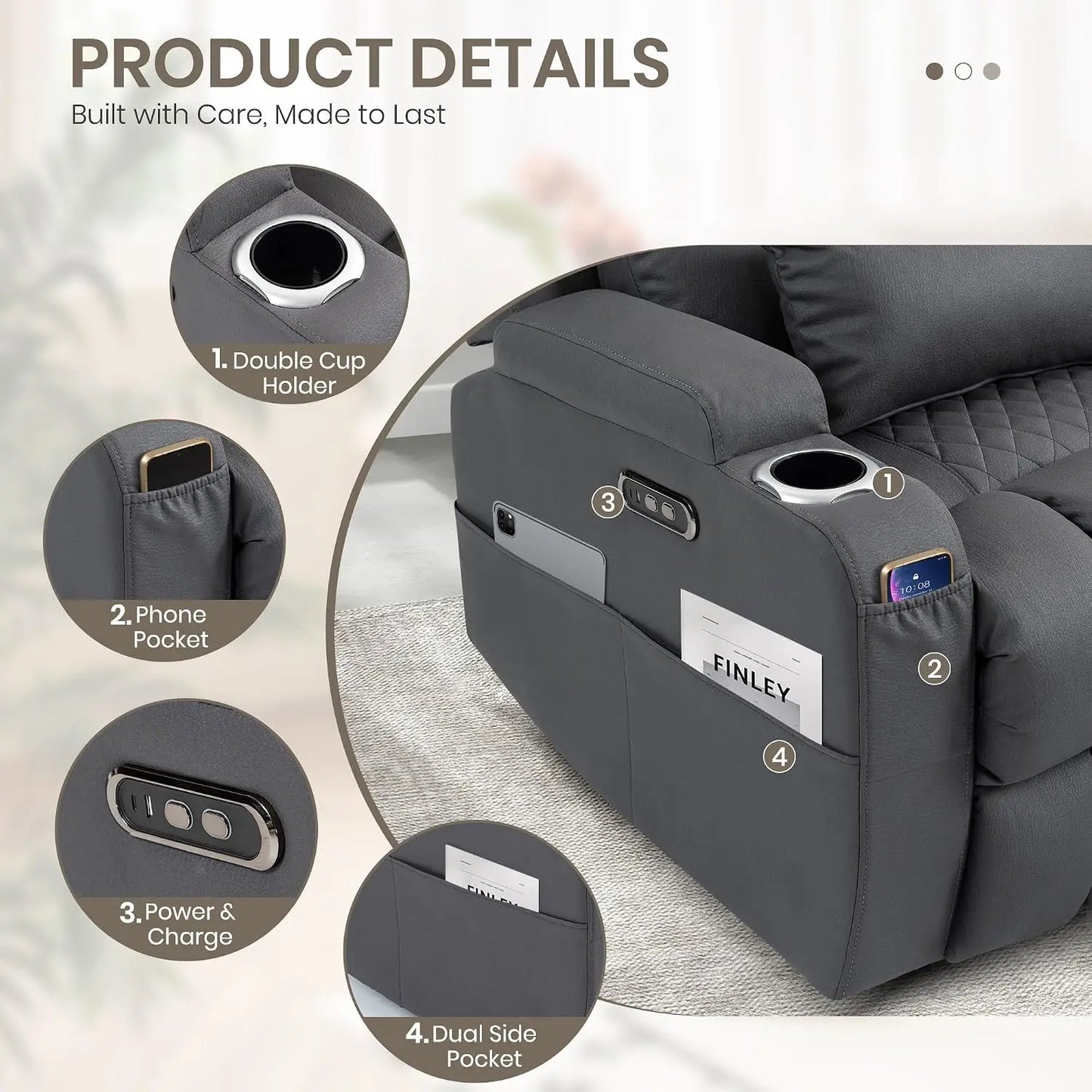 Wall Hugger Power Reclining Loveseat with Manual Adjustable Headrests, Electric Recliner Sofa with USB/Type-C Ports,, Custom