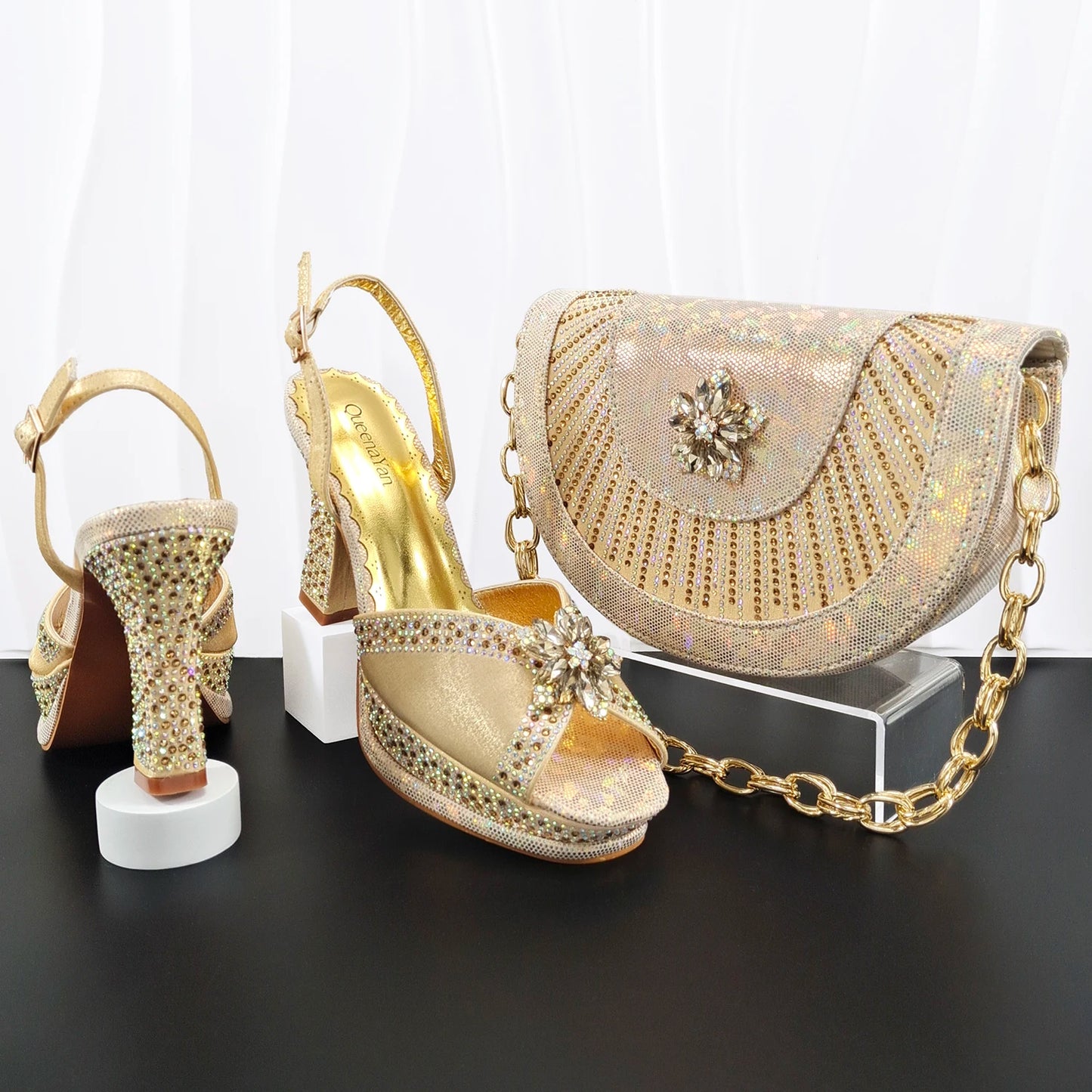 Italian Design Bigger Size Shoes and Bags Set Wedding for Women Bride Ladies High Heel HAND CRAFTED UPPER Shoes with Rhinestone